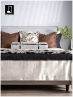 Italian-style light luxury brown bedding set for a soft-decorated model home, featuring hand-woven throw blankets and pillows with a peacock feather-inspired design