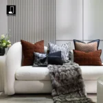 Custom-made fox fur throw blanket for a luxurious, upscale living room sofa; orange quilted embroidered backrest cushion - Image 2