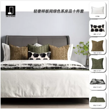 10-Piece Green-Toned Bedding Set for Model Rooms | Hotel Furniture Showroom Bedding Sets | Embroidered Square Pillows | Multi-Piece Sets