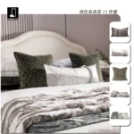 11-Piece Green Bedding Set in a Wabi-Sabi Style for Showrooms, Bed and Breakfasts, Villas, and High-End Display Spaces