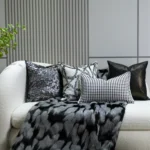 Soft furnishings: Sofa, model home, bay window, modern, Nordic, Italian, light luxury, high-end, deep gray, gold-embossed, crinkled throw pillows - Image 4