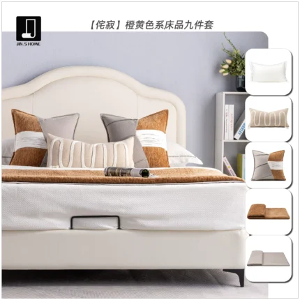 Brocade-Style Wabi-Sabi Yellow and Orange 9-Piece Bedding Set for Model Rooms, B&Bs, Villas, and Showrooms—High-End Multi-Piece Set