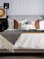 Interior Design Showroom: Brown Bedding Sets, Modern Luxury Furniture Showroom, Patchwork Pillows, 9-Piece Bedding Sets