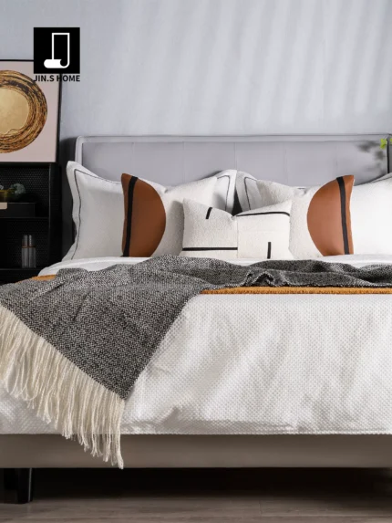 Interior Design Showroom: Brown Bedding Sets, Modern Luxury Furniture Showroom, Patchwork Pillows, 9-Piece Bedding Sets