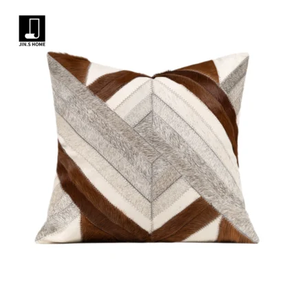 Coffee-colored, high-end, luxury-style woven horsehair square throw pillow for sofas and living rooms; model home and villa bedside cushion