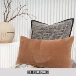 Living Room Showroom: Bay Window with Gray-Beige Rabbit Fur Throw, Beige Microfiber Patchwork Cushion Covers with Gray-Black Trim - Image 2