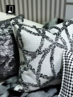 Modern Minimalist Luxury Sofa and Cushion Set for Interior Design Showrooms: Black-and-White Geometric Pattern, Genuine Mink Fur Cushions - Image 4