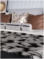 Italian-style light luxury brown bedding set for a soft-decorated model home, featuring hand-woven throw blankets and pillows with a peacock feather-inspired design - Image 4