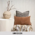 Living Room Showroom: Bay Window with Gray-Beige Rabbit Fur Throw, Beige Microfiber Patchwork Cushion Covers with Gray-Black Trim