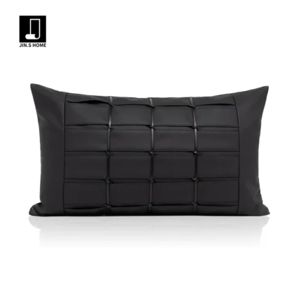 Minimalist Modern Scandinavian-Style Sofa for Show Home and Sales Office: Light Luxury Black Leather Hand-Woven Lumbar Pillow