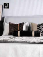 Italian-style Light Luxury Brown 9-Piece Bedding Set for Soft Furnishing Showroom: Includes Two F-Shaped Cylindrical Pillows and a 100% Real Rabbit Fur Throw - Image 2