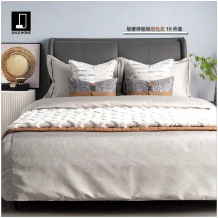 10-Piece Orange-Toned Bedding Set for Soft Furnishings Showroom; Hotel Furniture Showroom Bedding; Fleece Throw; White Cushions