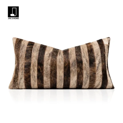 Custom-made coffee-colored horsehair vertical-striped lumbar pillow for sofas, living rooms, model homes, and villas—exuding a sense of light luxury and sophistication