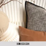 Living Room Showroom: Bay Window with Gray-Beige Rabbit Fur Throw, Beige Microfiber Patchwork Cushion Covers with Gray-Black Trim - Image 3