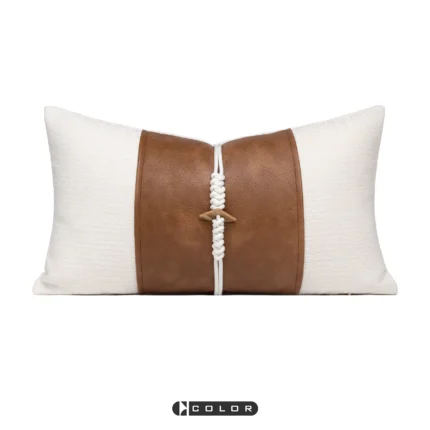 Soft furnishings: Sofa, model home, bedside, Nordic and Italian-style, light luxury, coffee-brown leather with jute rope weave, lumbar pillow, cushion