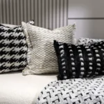 Interior Design Showroom: Minimalist, Modern, and Luxe Living Room Sofa Cushions—Black-and-White Houndstooth Pattern Genuine Mink Fur Cushion Set - Image 3