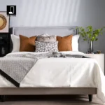 Interior Design Showroom: 9-Piece Brown Bedding Set with Fox Fur Pillows, Brown Leather Patchwork, and Shaggy Throw Blanket