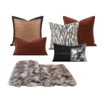Custom-made fox fur throw blanket for a luxurious, upscale living room sofa; orange quilted embroidered backrest cushion - Image 5