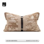 Brocade-Patterned New Chinese-Style Ink-Washed Landscape Waist Pillow; Light Beige Geometric Patchwork Rectangular Pillow; Model Home Decor; Customizable