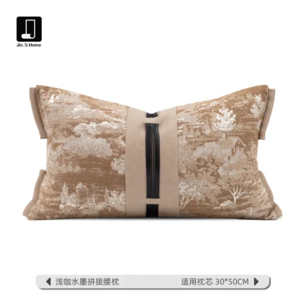 Brocade-Patterned New Chinese-Style Ink-Washed Landscape Waist Pillow; Light Beige Geometric Patchwork Rectangular Pillow; Model Home Decor; Customizable