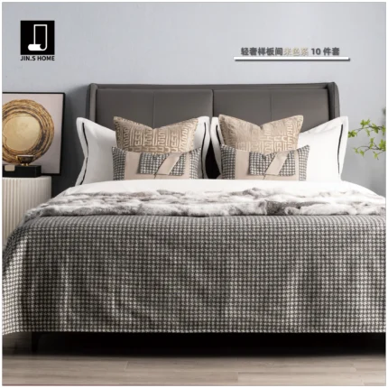 Affordable Luxury Showroom: Beige 10-Piece Bedding Set, Hotel Furniture Showroom, Bedding, Houndstooth Pillows, Throw Blankets