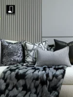 Modern Minimalist Luxury Sofa and Cushion Set for Interior Design Showrooms: Black-and-White Geometric Pattern, Genuine Mink Fur Cushions