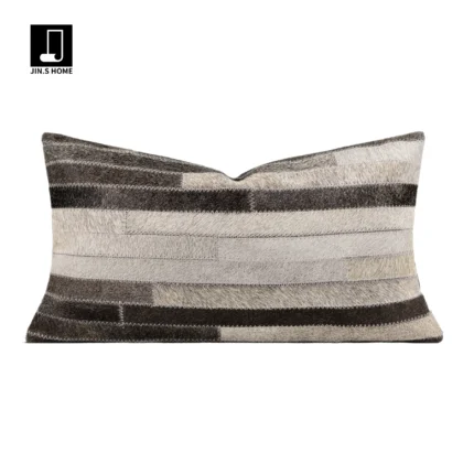 Decorative Cushion for Sofa and Living Room: Luxurious Black and Gray Genuine Horsehair Woven Lumbar Pillow for Model Homes and Villas