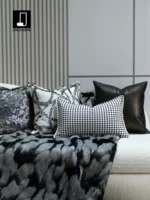 Modern Minimalist Luxury Sofa and Cushion Set for Interior Design Showrooms: Black-and-White Geometric Pattern, Genuine Mink Fur Cushions - Image 3