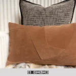 Living Room Showroom: Bay Window with Gray-Beige Rabbit Fur Throw, Beige Microfiber Patchwork Cushion Covers with Gray-Black Trim - Image 4