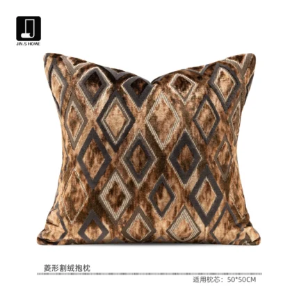 Brocade-Patterned, Vintage-Style, Coffee-Brown, Diamond-Quilted Velvet Cushion Covers for High-End Villa Living Room Sofas and Hotel Bedside Pillows