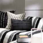 Minimalist Modern Scandinavian-Style Sofa for Show Home and Sales Office: Light Luxury Black Leather Hand-Woven Lumbar Pillow - Image 3