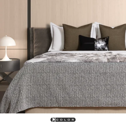 Soft Furnishings for Model Homes: Luxury Four-Piece Bedding Set with Green Woven Leather and Rabbit Fur Throw