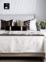 Italian-style Light Luxury Brown 9-Piece Bedding Set for Soft Furnishing Showroom: Includes Two F-Shaped Cylindrical Pillows and a 100% Real Rabbit Fur Throw