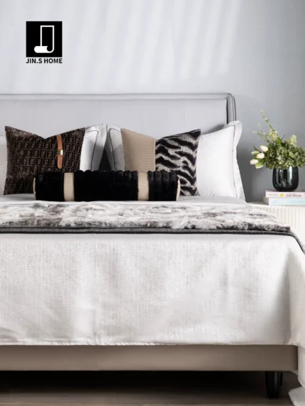 Italian-style Light Luxury Brown 9-Piece Bedding Set for Soft Furnishing Showroom: Includes Two F-Shaped Cylindrical Pillows and a 100% Real Rabbit Fur Throw