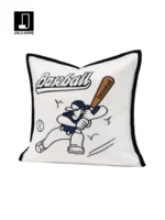 Soft Furnishings for Model Homes: Boys' Room - Baseball-Themed Pillows in Blue and Brown with Embroidery (Bedside and Decorative Pillows) - Image 2