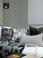 Modern Minimalist Luxury Sofa and Cushion Set for Interior Design Showrooms: Black-and-White Geometric Pattern, Genuine Mink Fur Cushions - Image 2