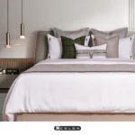 Soft Furnishings for Model Homes: Light Luxury High-End 4-Piece Bedding Set with Green Woven Fabric, Leather, and Horn Buttons