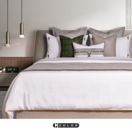 Soft Furnishings for Model Homes: Light Luxury High-End 4-Piece Bedding Set with Green Woven Fabric, Leather, and Horn Buttons
