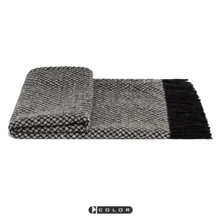 Soft Furnishings for Model Homes: Scandinavian Modern and Italian-Style Luxury Living Room with Bay Window, Black-and-White Textured Wool Throw Blanket and Lounge Blanket