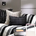 Minimalist Modern Scandinavian-Style Sofa for Show Home and Sales Office: Light Luxury Black Leather Hand-Woven Lumbar Pillow - Image 4