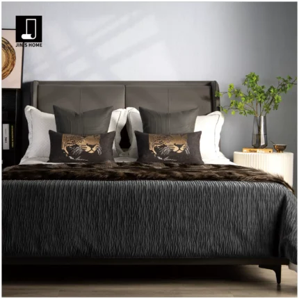 10-Piece Gray-Toned Bedding Set for Soft Furnishings Showrooms, Hotel Furniture Showrooms, Bedding, Peacock Feather Throws, and Pillows