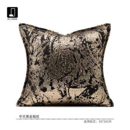 Brocade Villa Sofa Cushion Covers: Light Luxury, Premium Black and Gold Square Pillows, Vintage-Style Model Home Showroom Bed Cushions