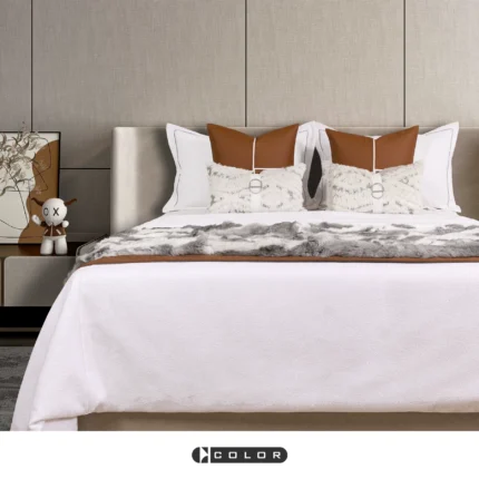 Soft Furnishings for Model Homes: Luxury 4-Piece Bedding Set in Orange Leather and White, Iins-Style Bedding