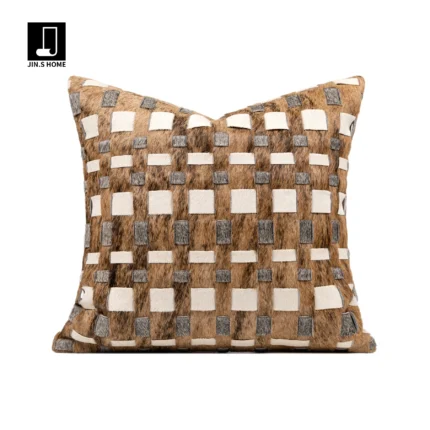 Coffee-colored, high-end, luxury-style woven horsehair square throw pillow for sofas and living rooms; model home and villa bedside cushion