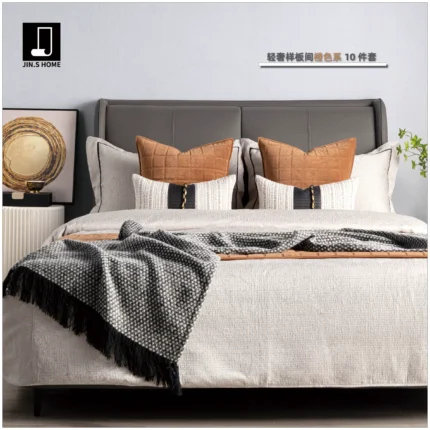 10-Piece Bedding Set for Model Home: Modern Luxury Style in Orange Tones—Showroom Bedding, Bedroom Pillows, and Throw Blanket Set