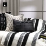 Minimalist Modern Scandinavian-Style Sofa for Show Home and Sales Office: Light Luxury Black Leather Hand-Woven Lumbar Pillow - Image 2