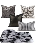 Modern Minimalist Luxury Sofa and Cushion Set for Interior Design Showrooms: Black-and-White Geometric Pattern, Genuine Mink Fur Cushions - Image 5